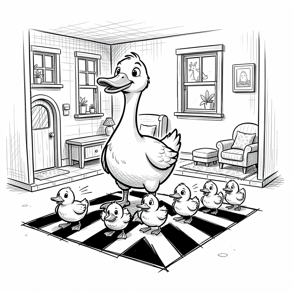 A duck leading a line of ducklings across a zebra crossing inside a cozy dollhouse.