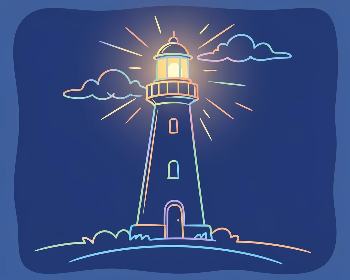 A single lighthouse glowing warmly against a deep blue evening sky.