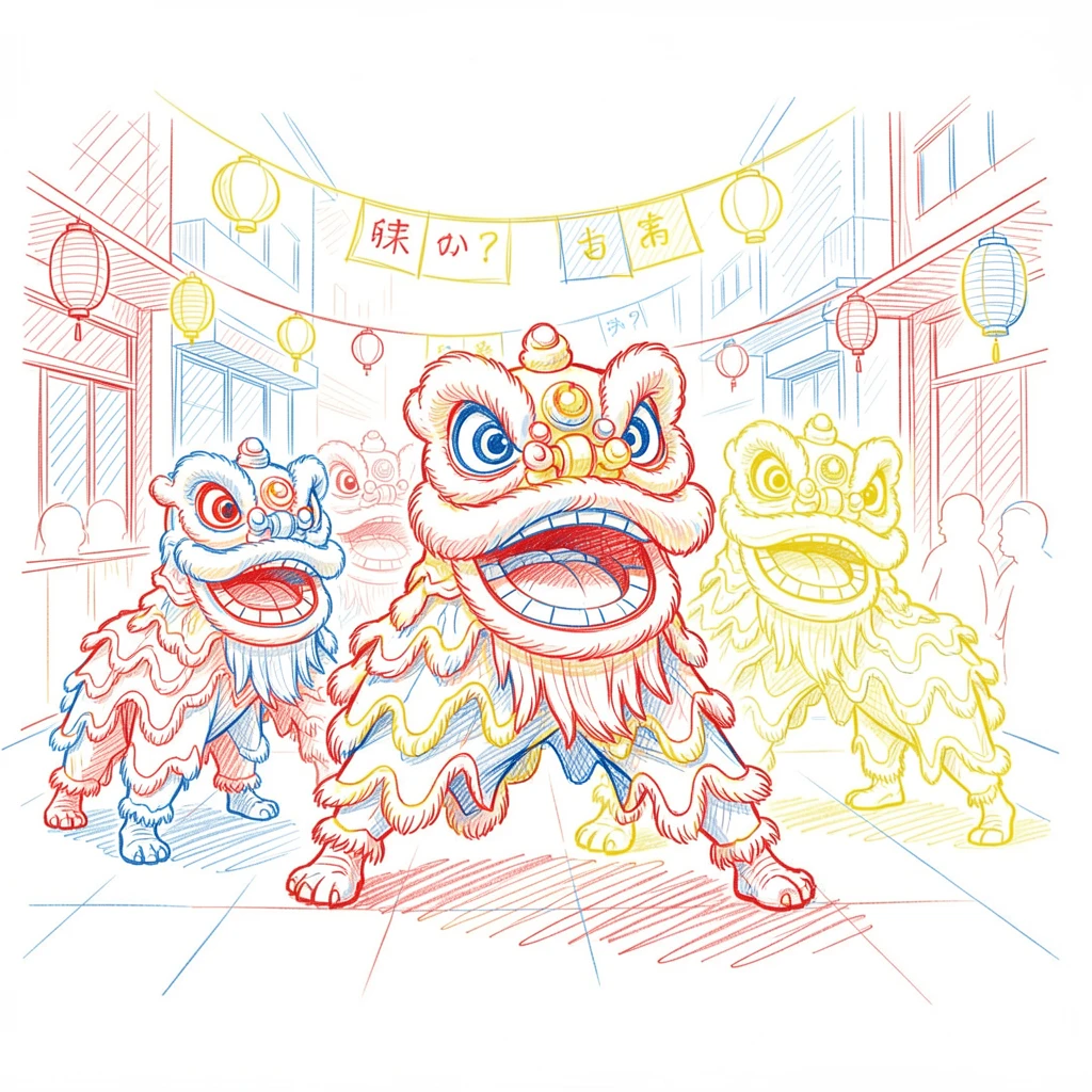 A traditional lion dance performance winding through a festive street