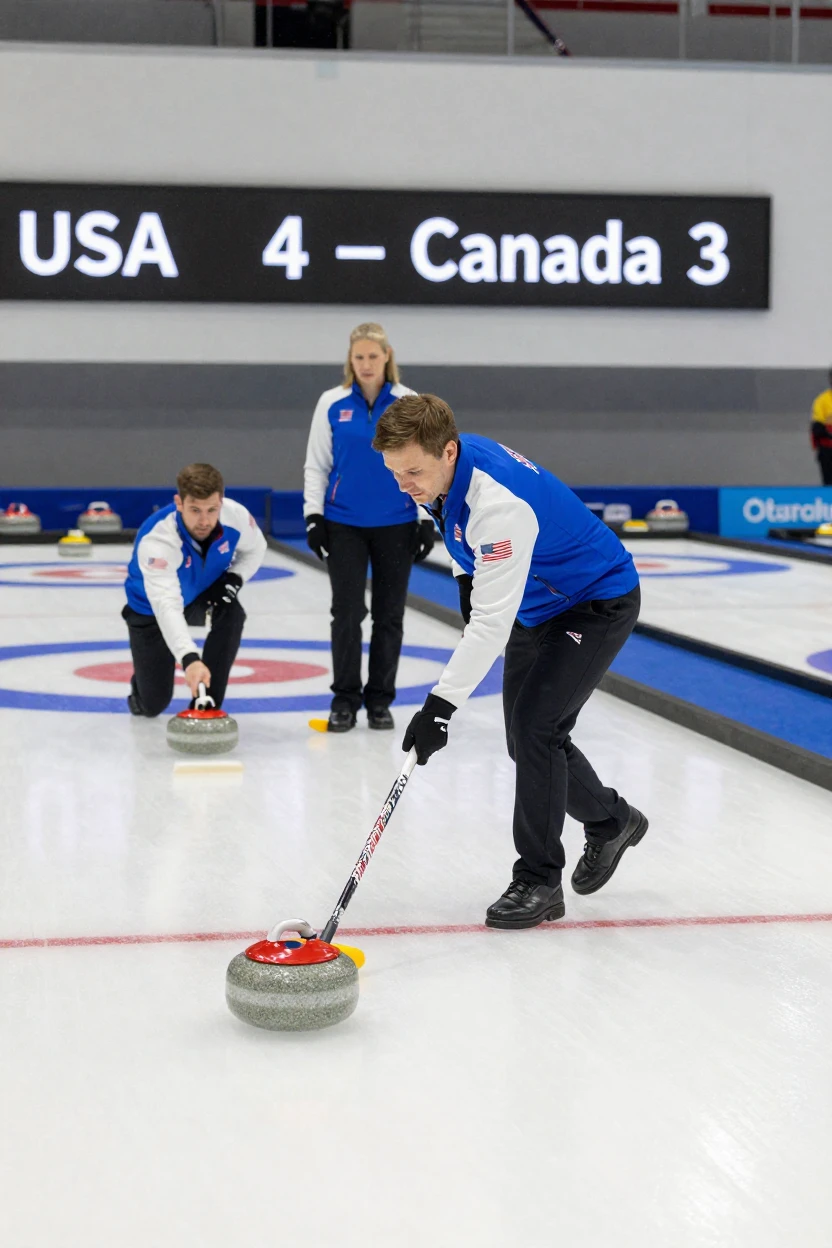 A curling team sweeping ice ahead of the stone