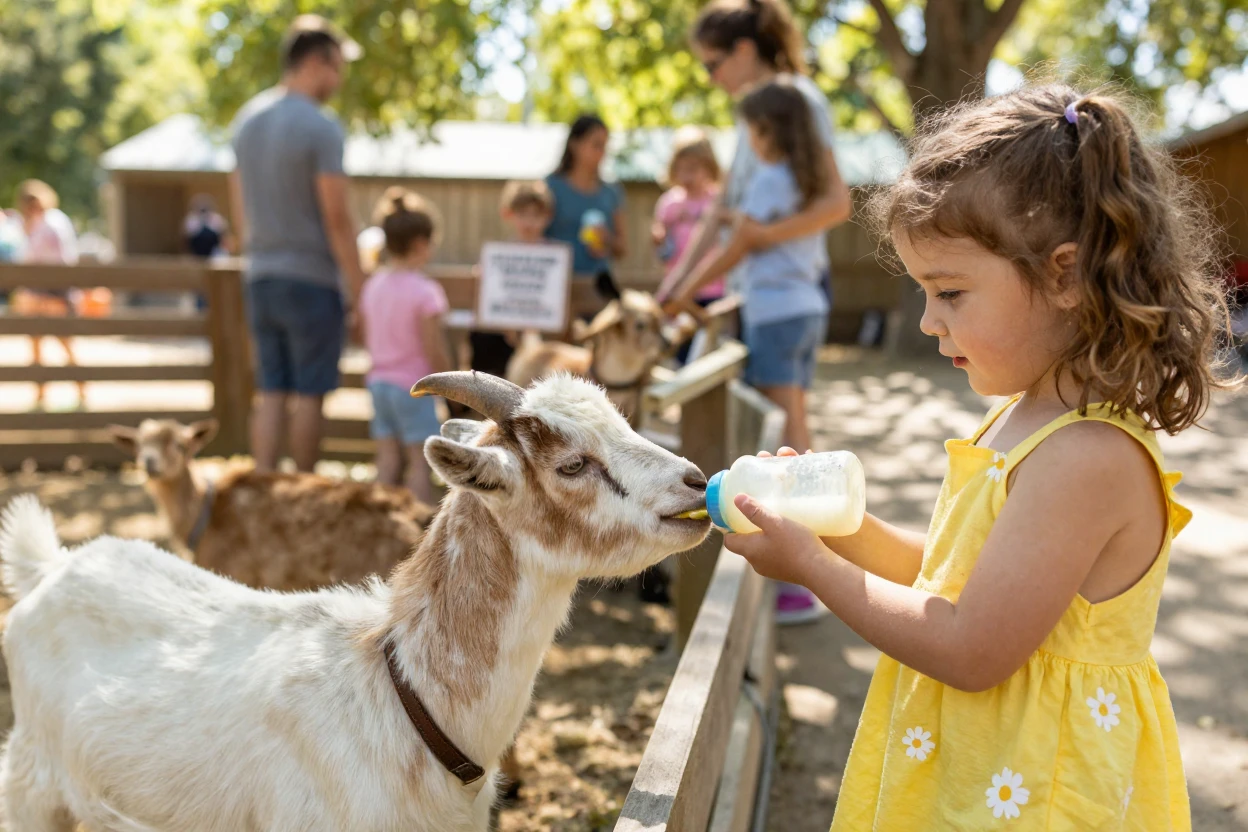 A little girl feeds a baby goat from a bottle at a petting zoo, both leaning in close.