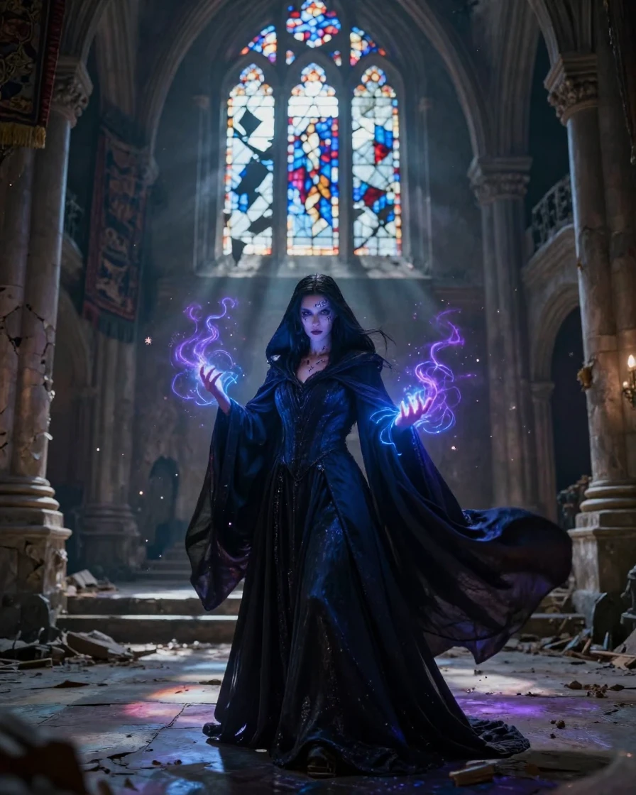 A cloaked sorceress appearing within the halls of a crumbling castle as magic fills the air