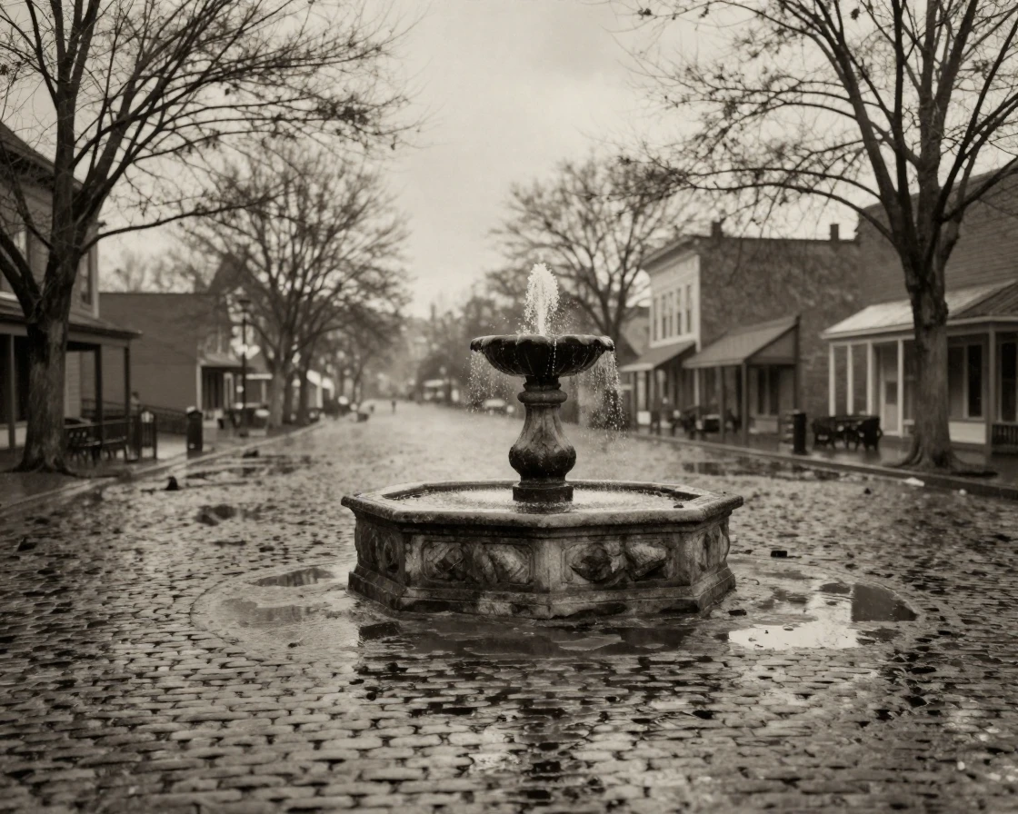 A cobblestone village square with a burbling old fountain, in gentle diffused daylight, just after a rain shower, with puddles reflecting the sky, in the depths of winter, with stark black-and-white contrast softened by a single warm hue, from a slightly elevated vantage point.