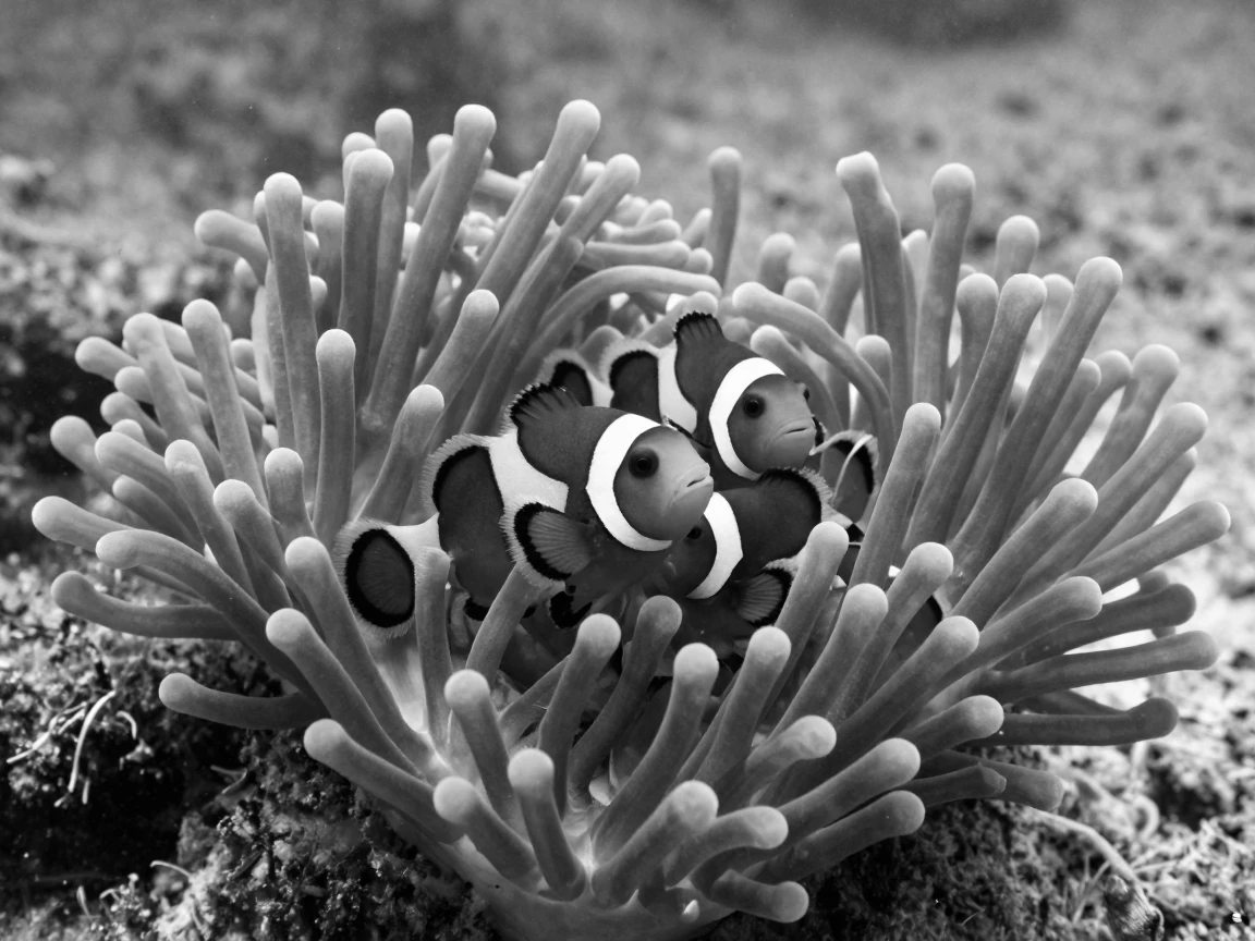 A clownfish family hides among an anemone's tentacles in a shallow tropical lagoon.