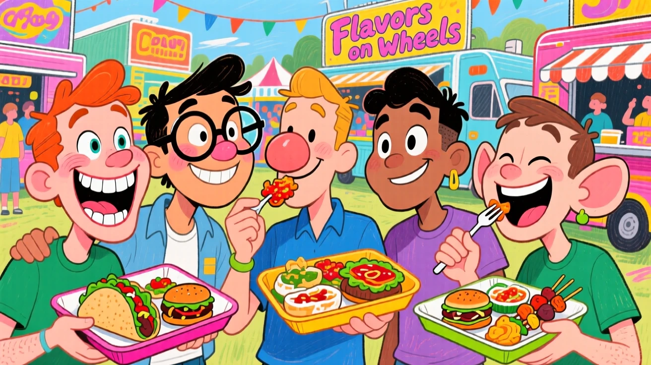 A group of friends at a food truck festival, sampling dishes from paper trays.