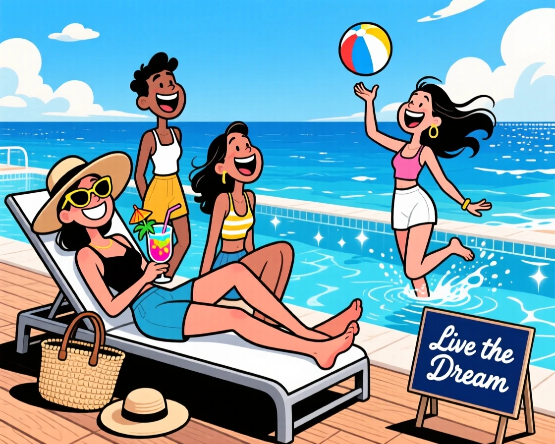 An aspirational lifestyle scene of a group of chic friends relaxing beside an infinity pool overlooking the ocean, as a gentle sea breeze stirs the air.