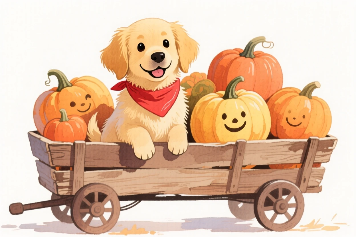 A cozy scene of a golden retriever puppy wearing a red bandana, sitting in a wagon full of autumn pumpkins