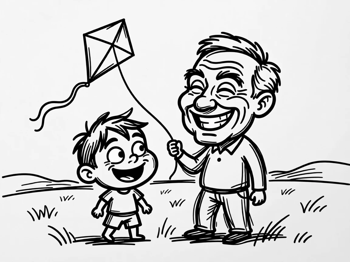 A child and their grandfather flying a homemade kite in an open field.