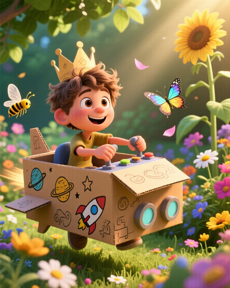 A boy piloting a cardboard-box spaceship takes place in a garden full of buzzing bees and butterflies, with a paper crown perched slightly crooked. A carefree, adventurous energy fills the scene.