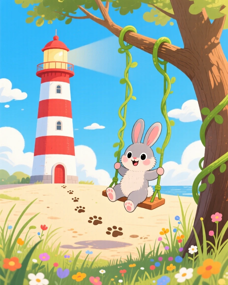 In a striped lighthouse, a curious bunny spends the afternoon swinging from a vine, with tiny paw prints trailing behind.