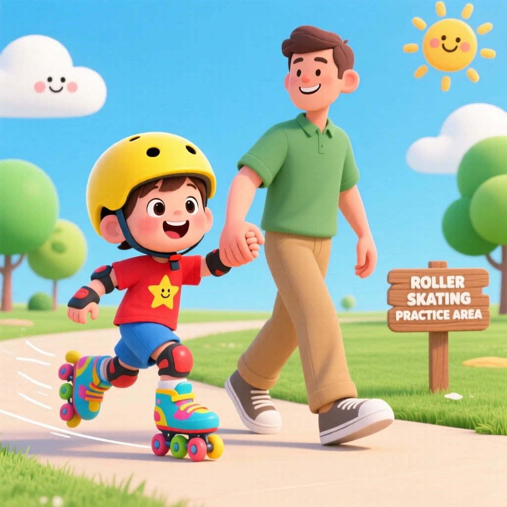 A child learning to roller skate while holding a parent's hand.