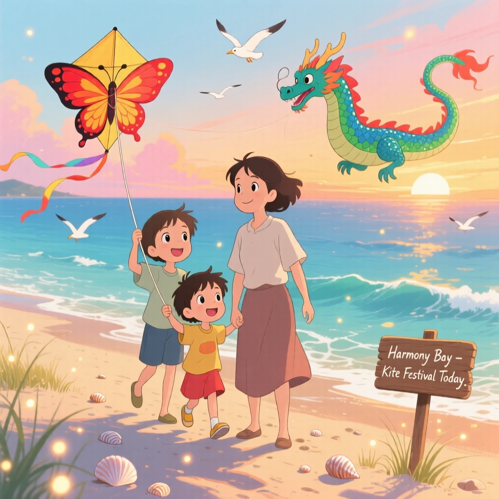 Parents and children flying kites together on the beach, the scene tender and warm.