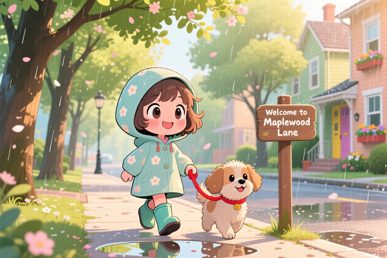 A young girl walking the family dog around the block, framed as a three-quarter view within a tree-lined neighborhood street, during a gentle spring rain shower, glowing under soft golden-hour sunlight, evoking wide-eyed wonder.