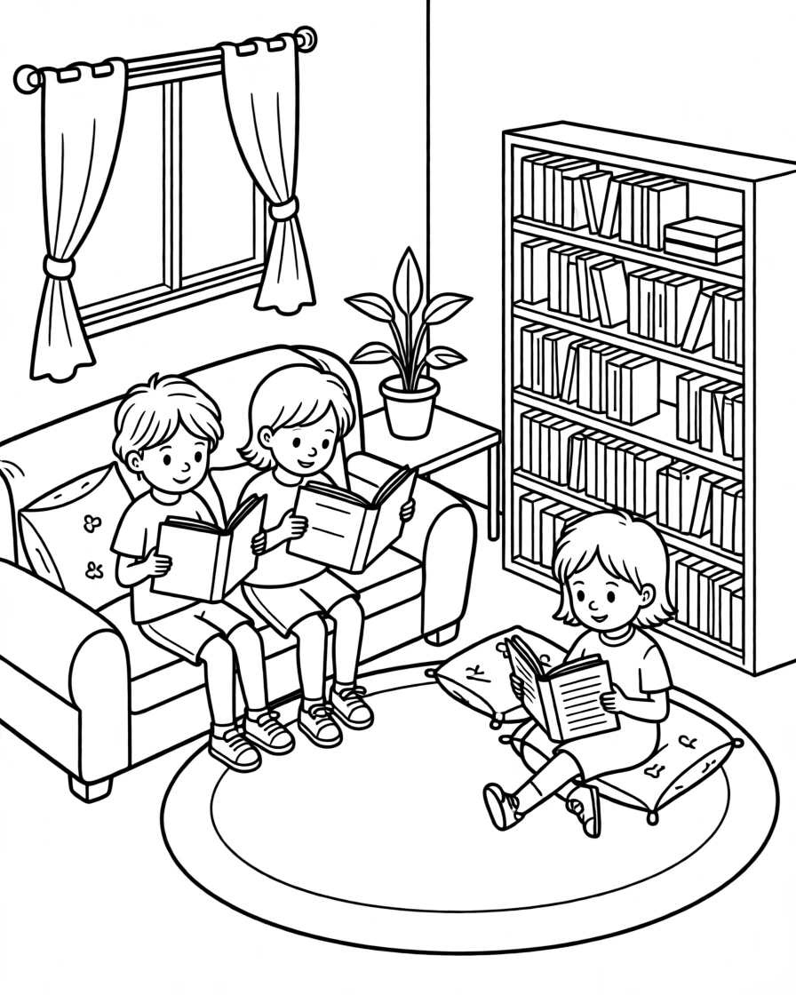 A group of children reading books together in a cozy library corner