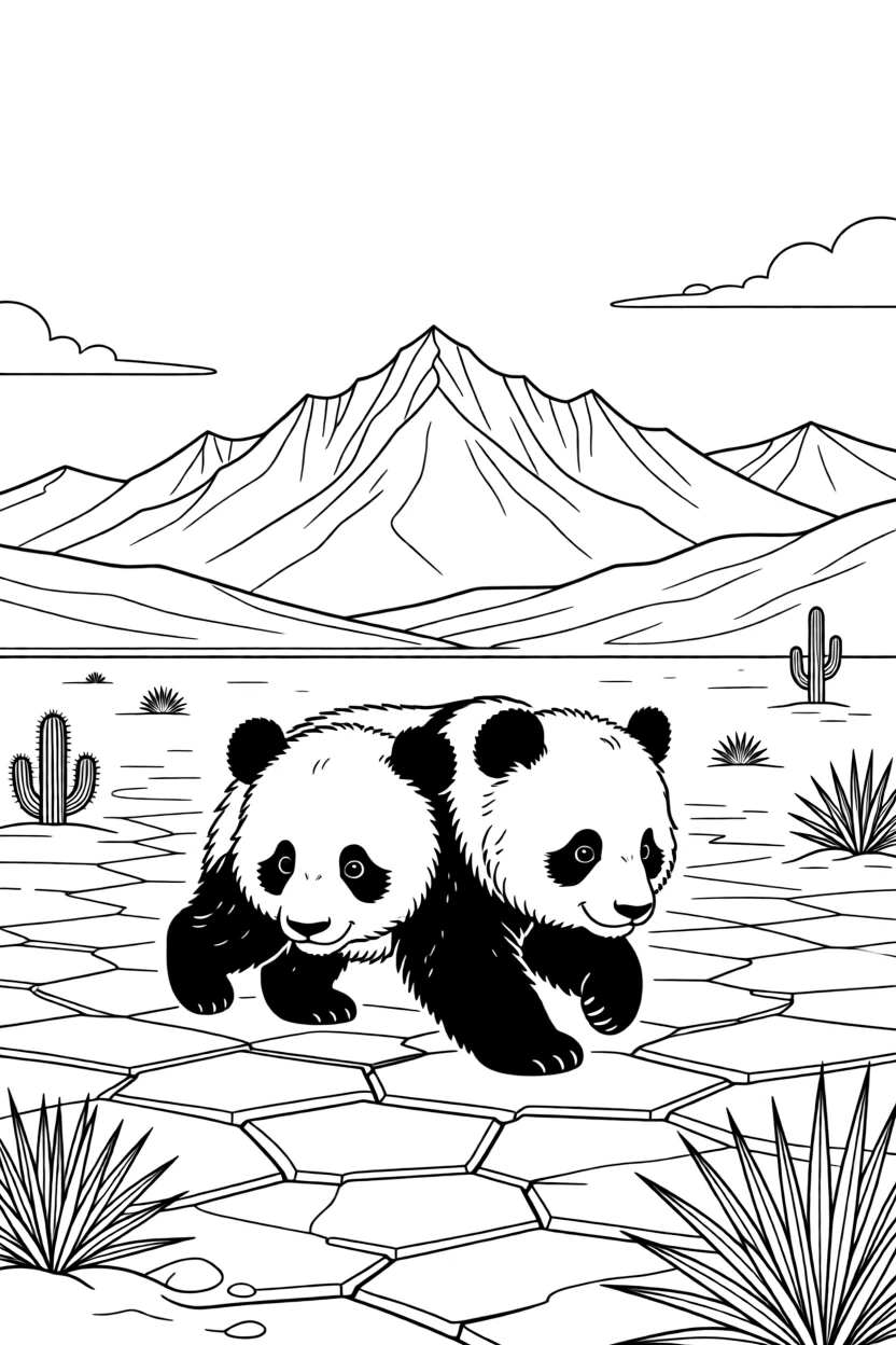A giant panda cub walking across a cracked desert plain, with a distant mountain range in the background.