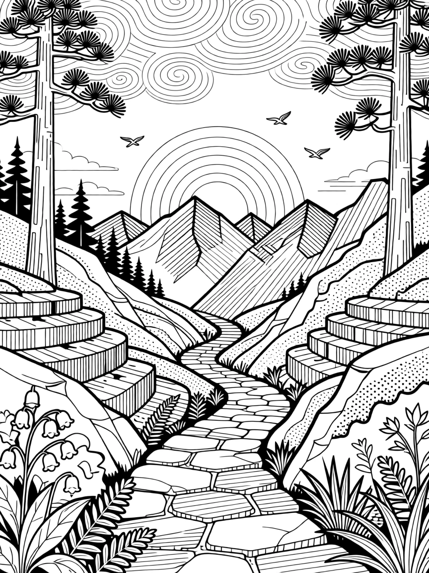 A single mountain path winding toward a sunrise breaking over the peaks.
