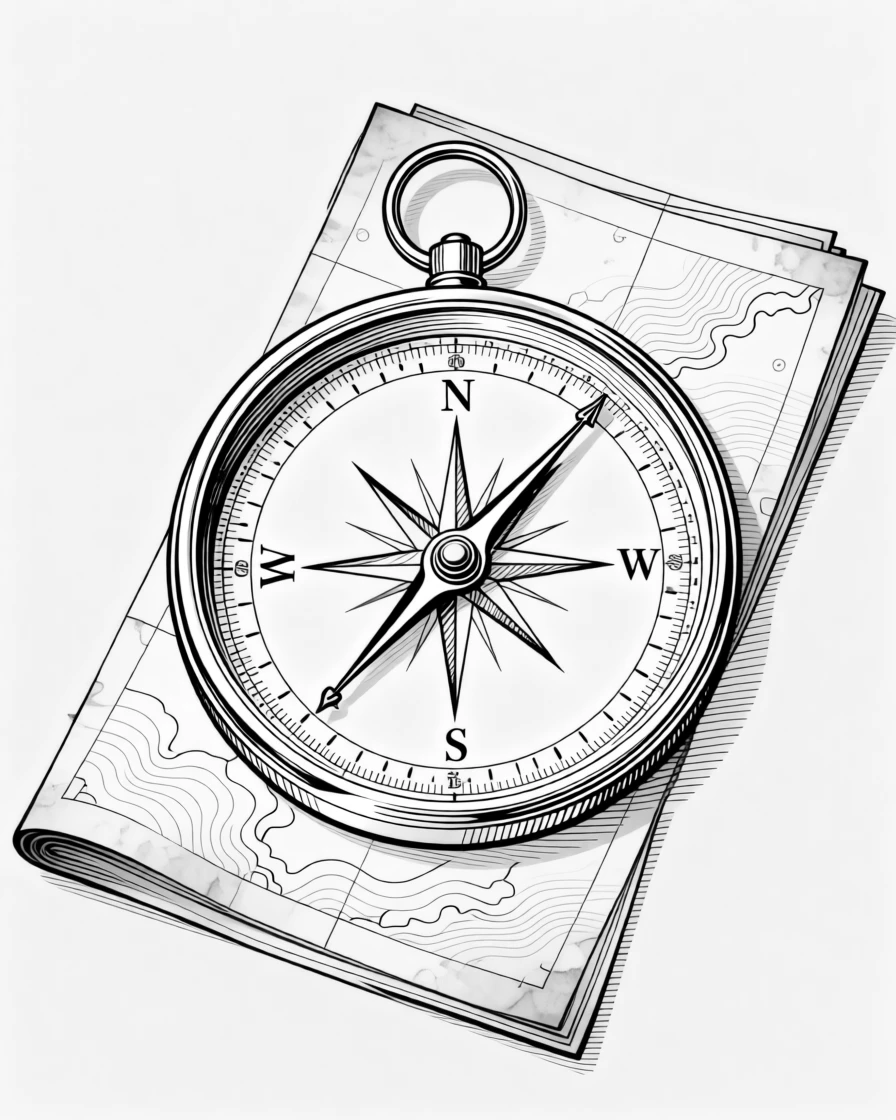 A vintage compass resting atop an old folded map