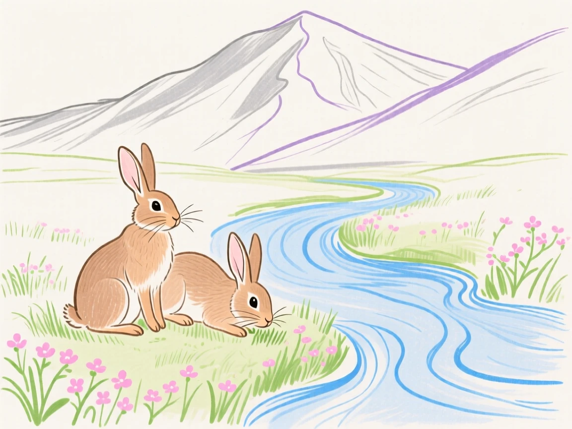 A pair of rabbits grazing beside a mountain stream in early spring.