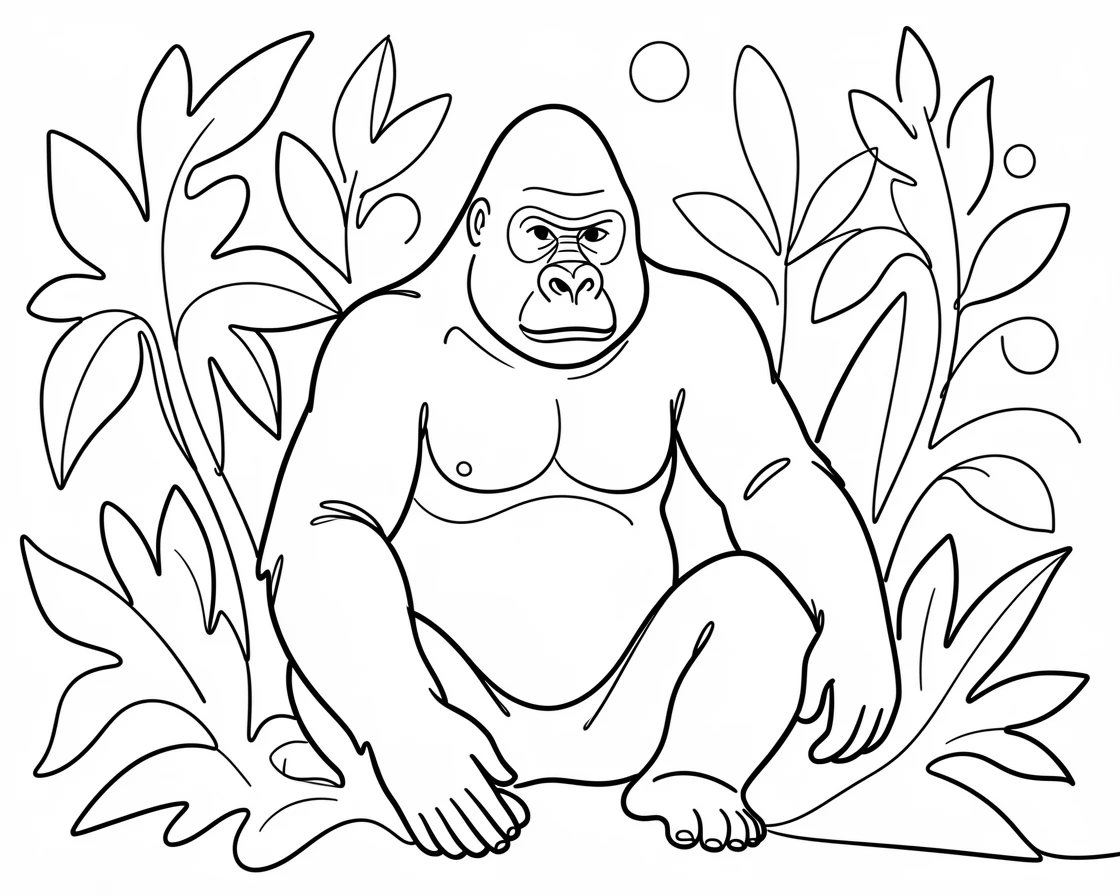 A silverback gorilla sitting calmly among dense jungle foliage