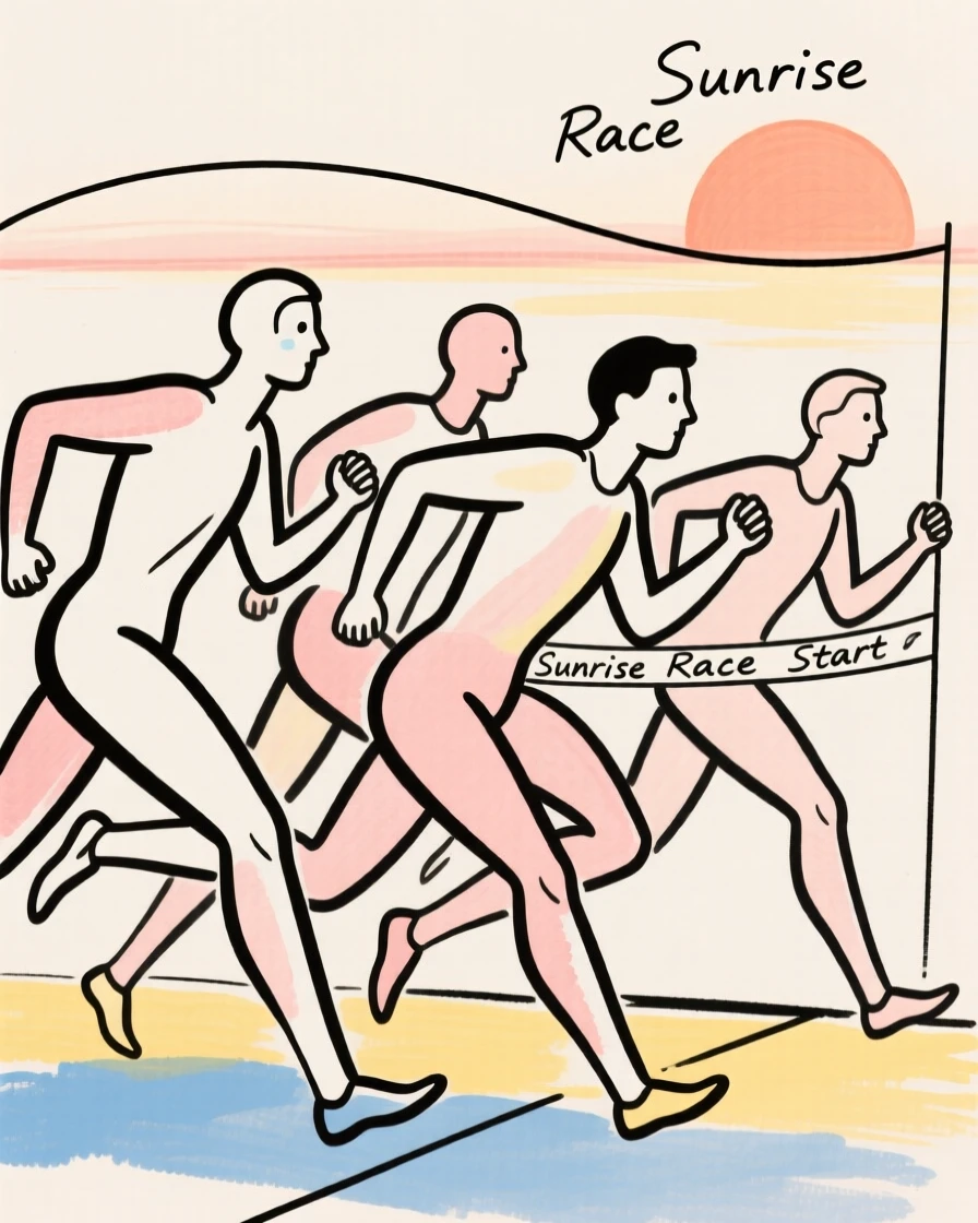 A group of runners at a sunrise race start