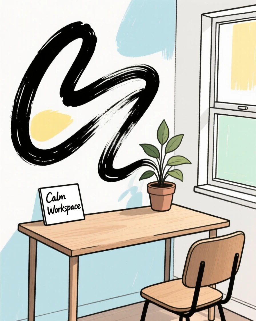A tidy home office with a wooden desk and a potted plant beside the window.
