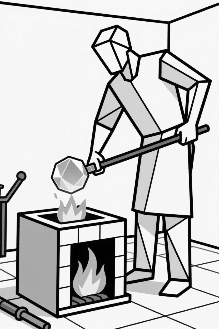 A glassblower shaping molten glass over a furnace