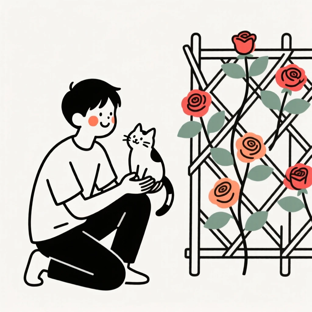 A young man with a playful kitten, beside a blooming rose trellis.