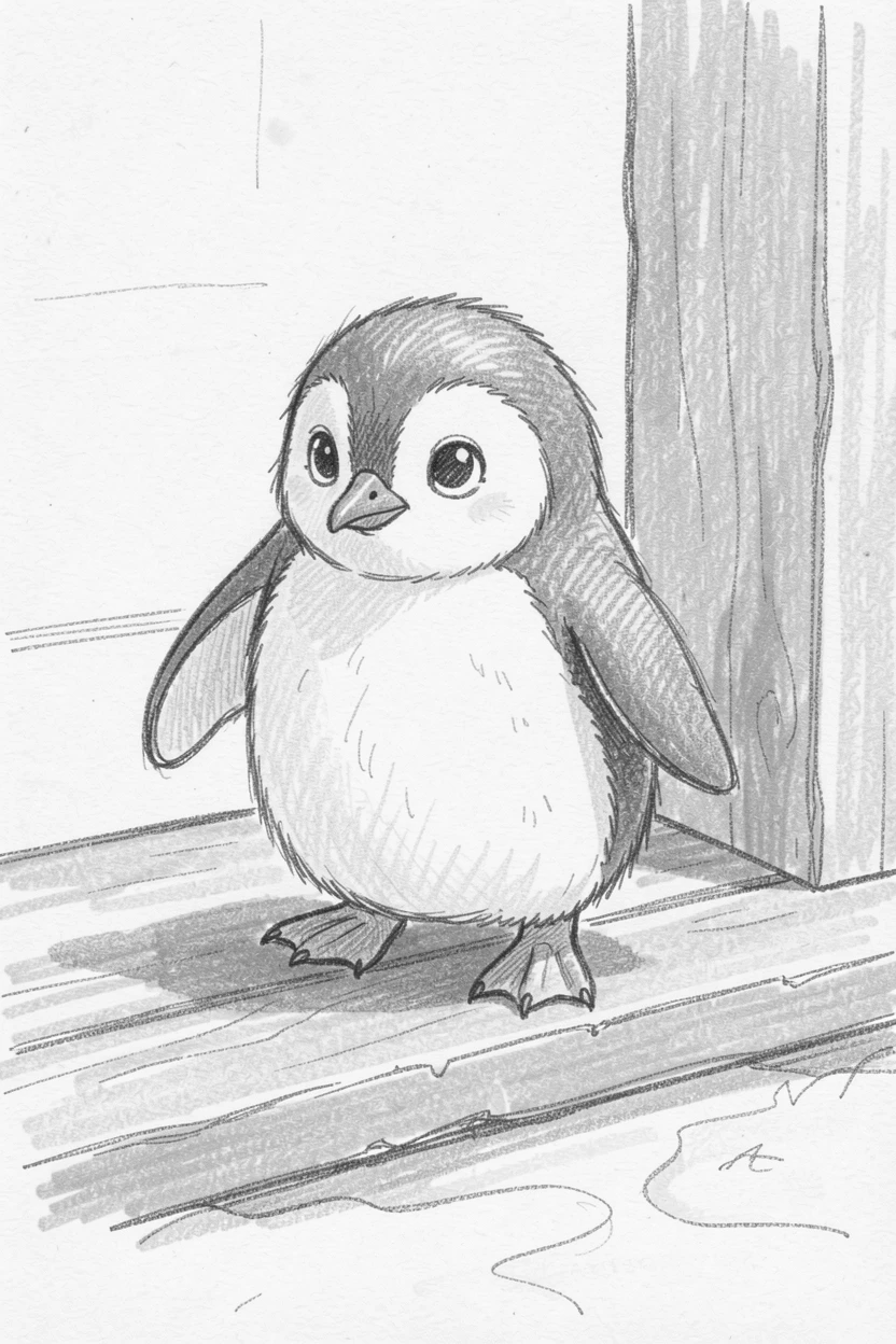 A charming close-up of a baby penguin waddling across the ice on a warm porch step, with big, curious eyes.