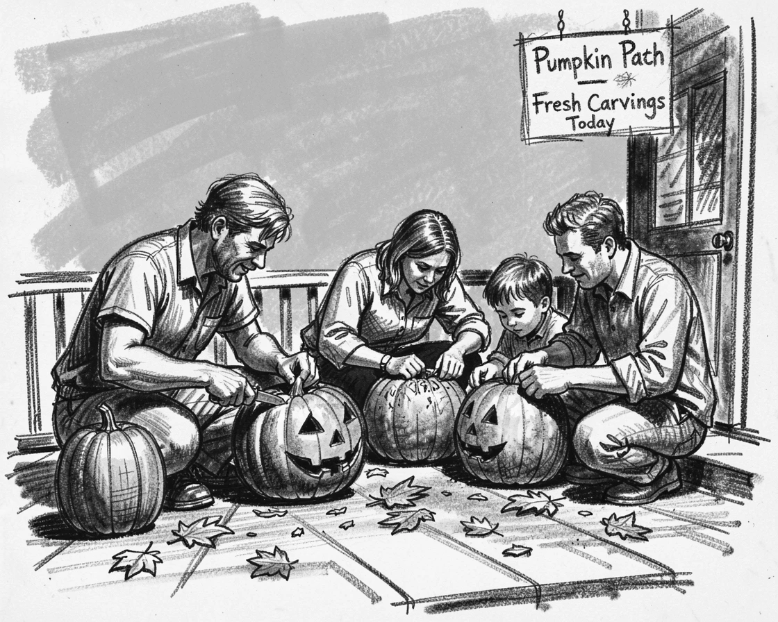 A family carving pumpkins on a porch in autumn, under a clear blue midday sky.