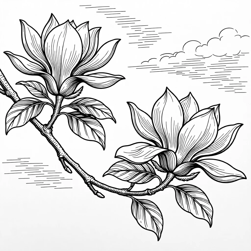 A blooming branch of magnolia reaching gracefully across a clear sky.
