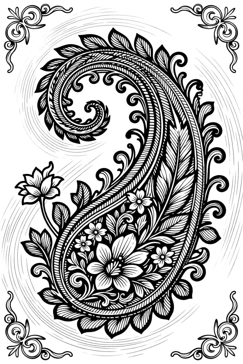 A paisley-inspired swirl of botanical shapes set against a softly textured background, with ornamental flourishes at each corner, forming an elegantly decorative composition.