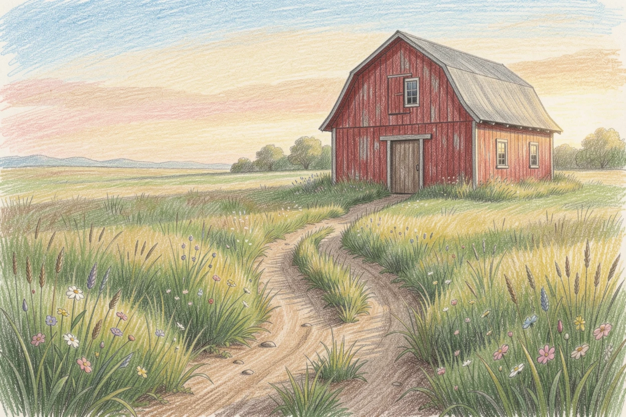 A rural meadow trail leading toward a distant red barn, bathed in the warm glow of golden-hour light, evoking nostalgia and a deep sense of contentment.