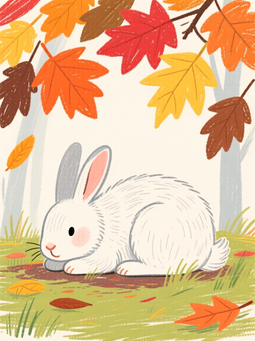 A arctic hare resting quietly beneath a canopy of autumn leaves.