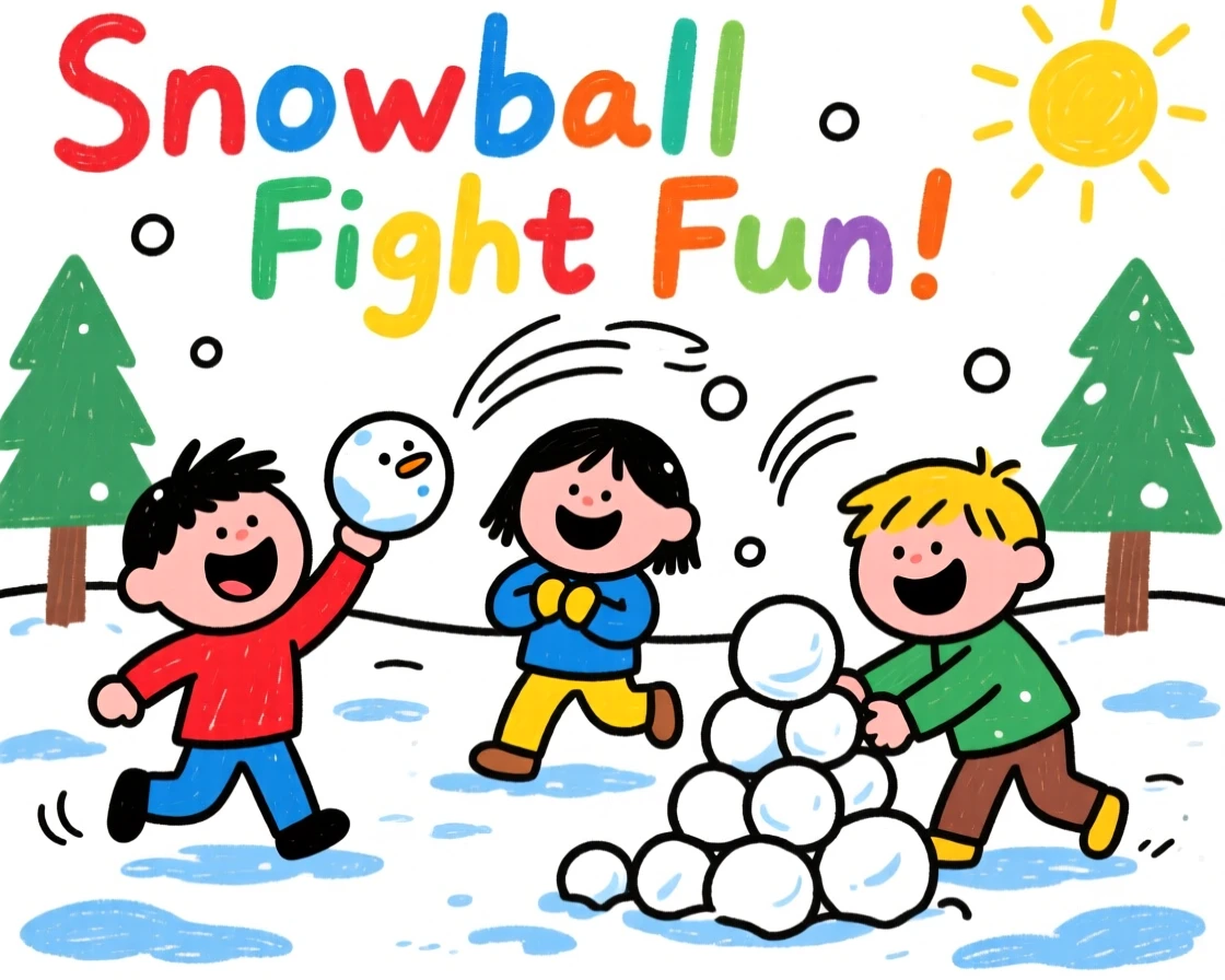 A snowball fight between laughing friends in a snowy park.
