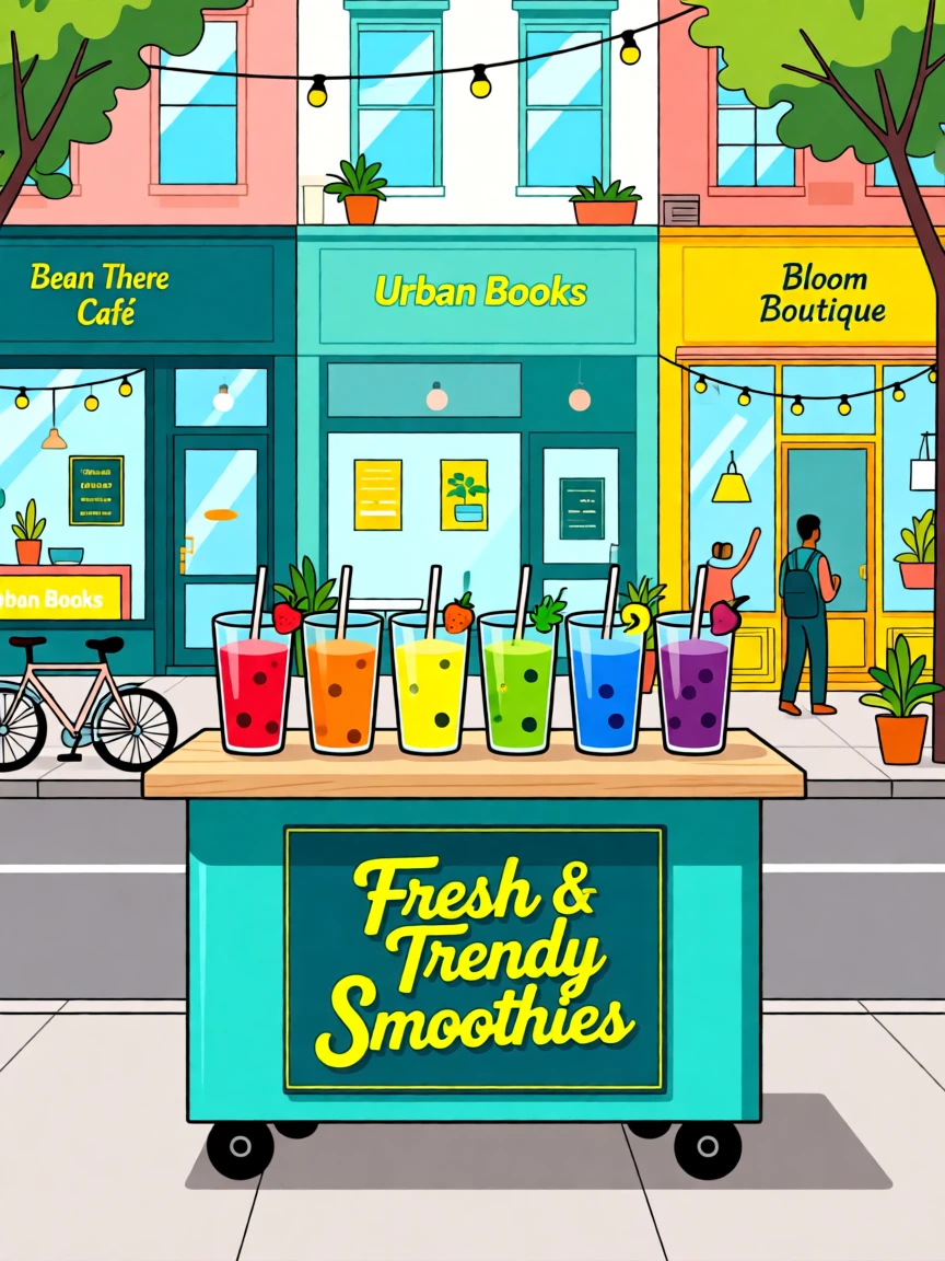 A trendy juice stand with a rainbow of fresh smoothies on display, surrounded by trendy shops and cafés, arranged with vibrant background detail supporting the subject, with vibrant, trendy colors that feel fresh and current.