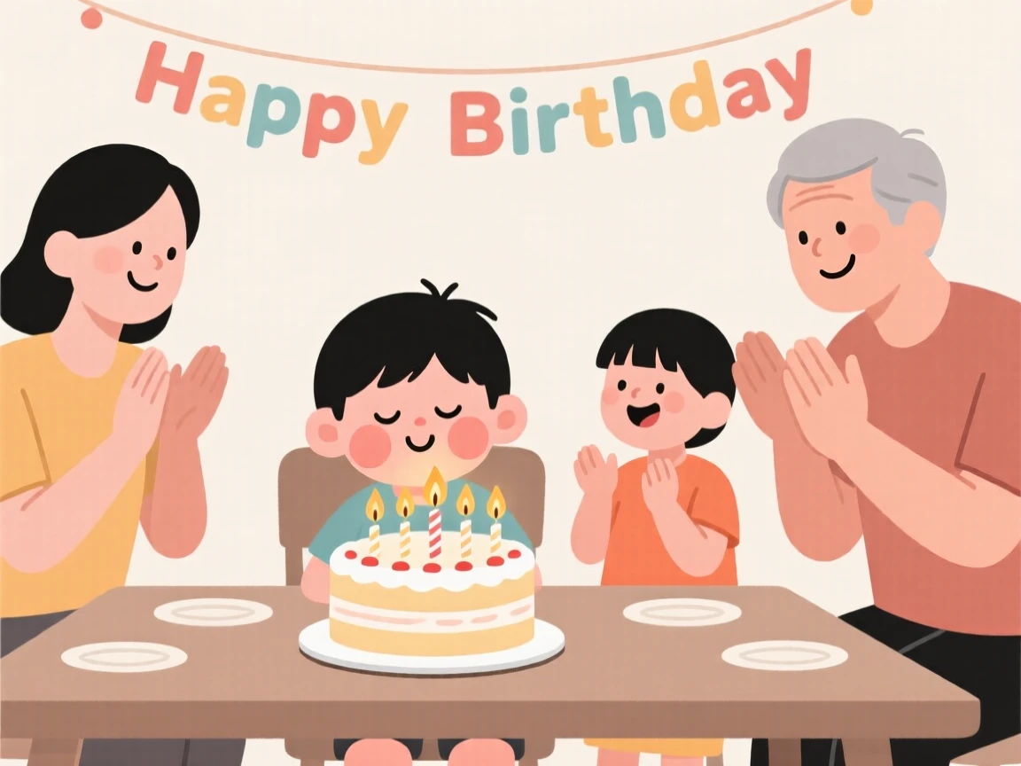A child blowing out candles on a cake surrounded by cheering family.