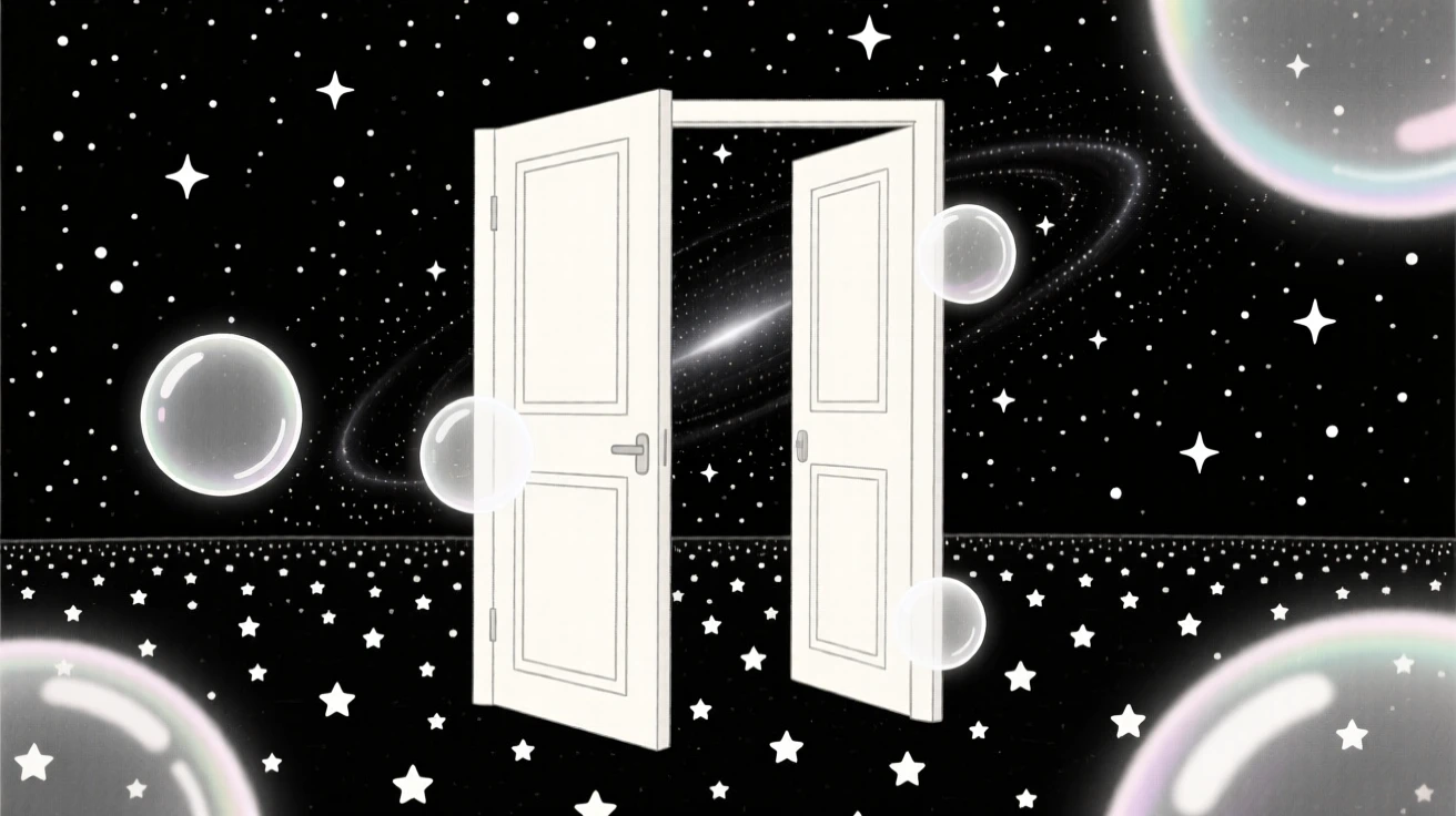 A dreamlike door opening into a starry galaxy rising from an endless field of stars, filled with drifting soap bubbles, evoking whimsical fantasy.