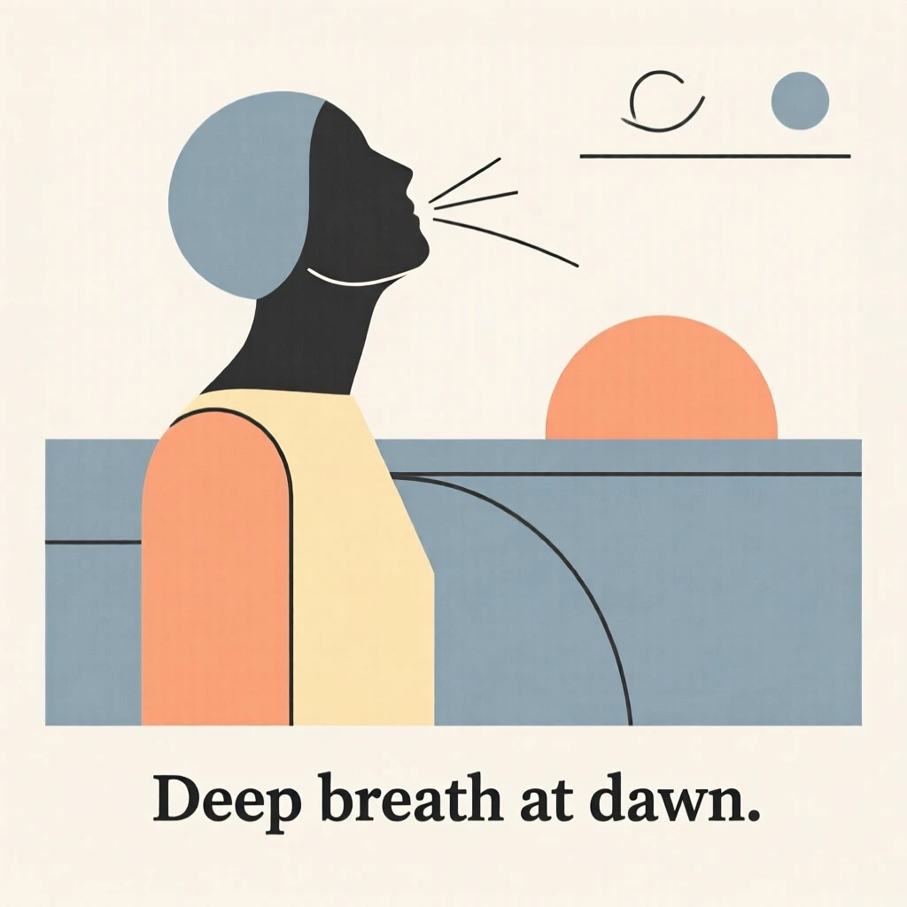 A person taking a deep breath while watching a sunrise