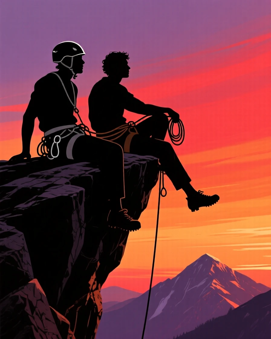 A pair of climbers resting on a summit ledge, legs dangling over the edge.