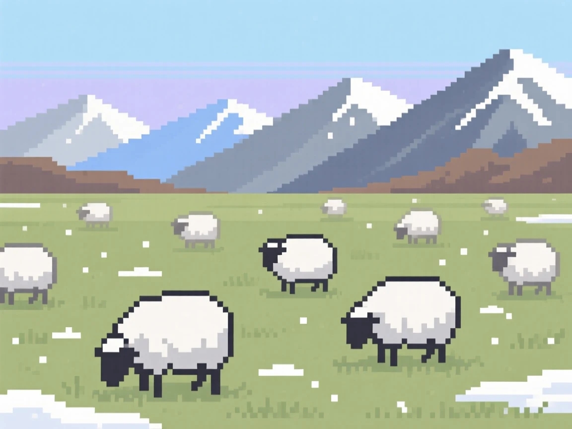 A meadow dotted with grazing sheep dusted with a light layer of fresh snow, surrounded by distant mountain peaks.