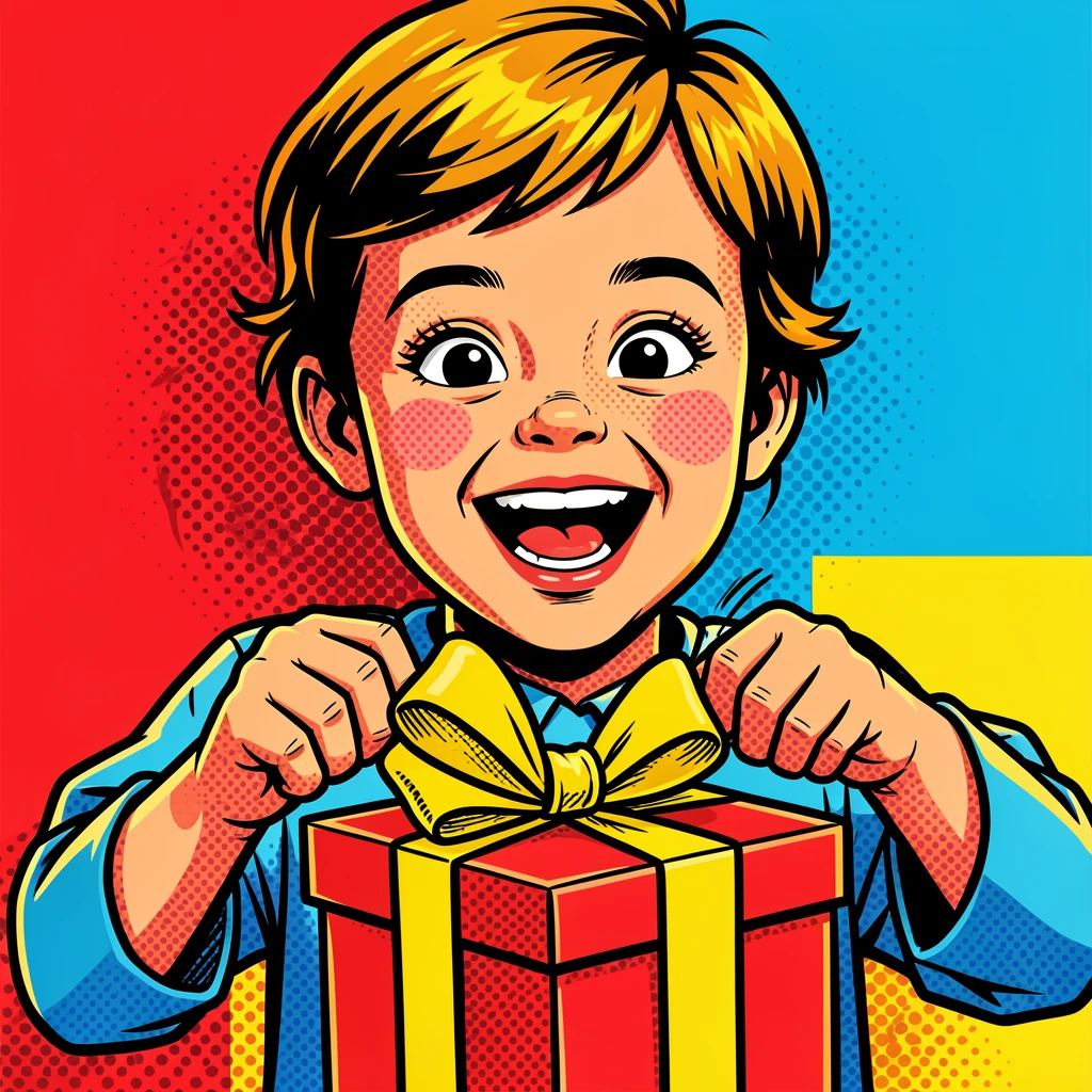 A child's face lighting up while opening a birthday gift
