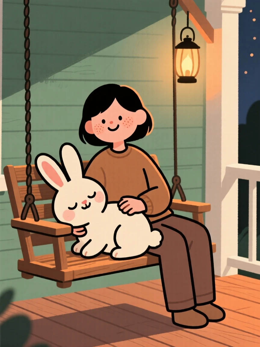 A gentle rabbit rests its head on its owner's lap during a quiet evening on the porch swing, both perfectly content.