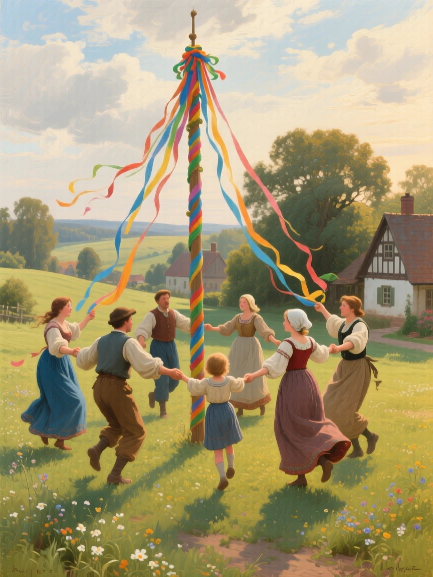 A well-framed scene of villagers dancing around a maypole decorated with colorful ribbons, in late afternoon, beneath drifting clouds.