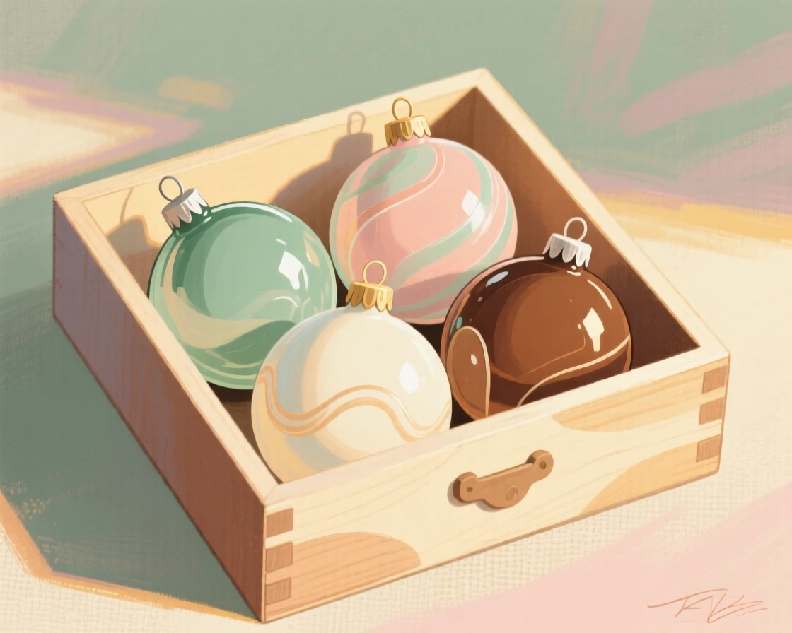 A collection of hand-blown glass ornaments in a wooden box
