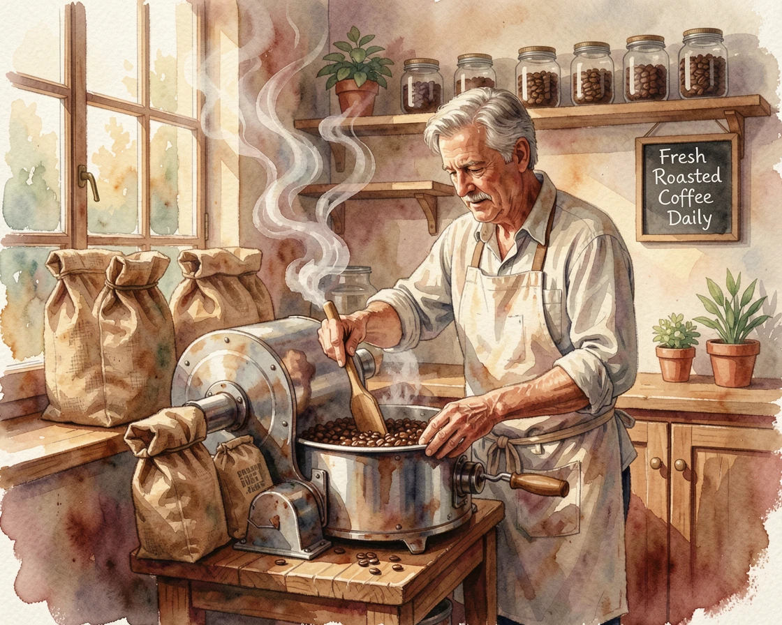 A man roasting coffee beans in a small shop.