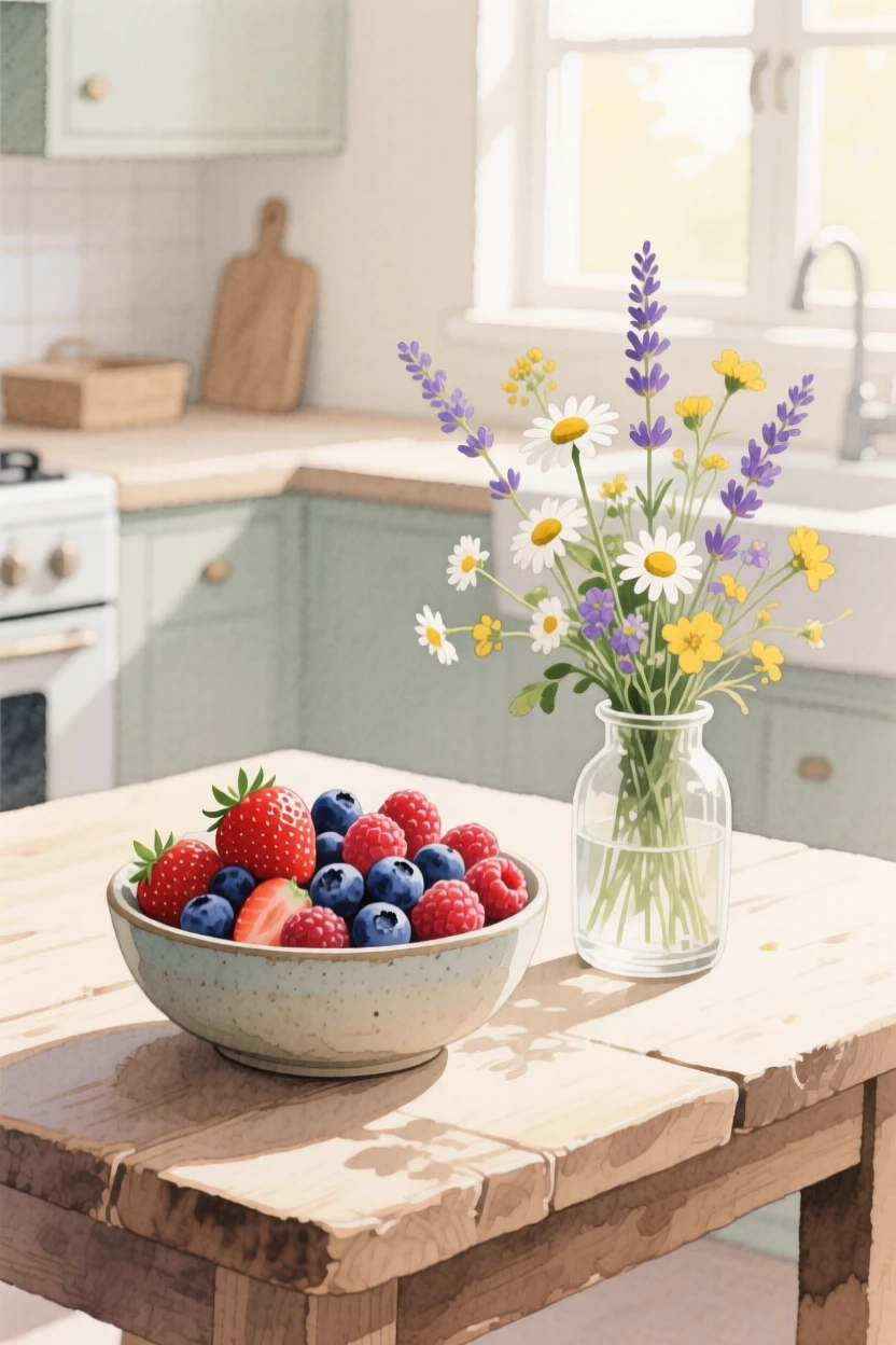 A bowl of fresh berries sits with a small vase of wildflowers nearby in a cozy kitchen at breakfast, arranged beautifully for a delightful meal
