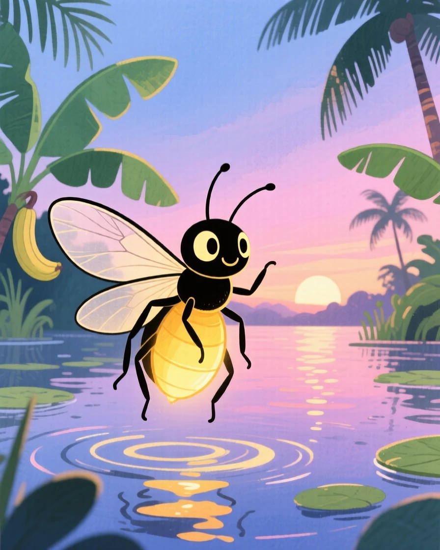 A close-up portrait of a firefly glowing at dusk in a tropical lagoon.