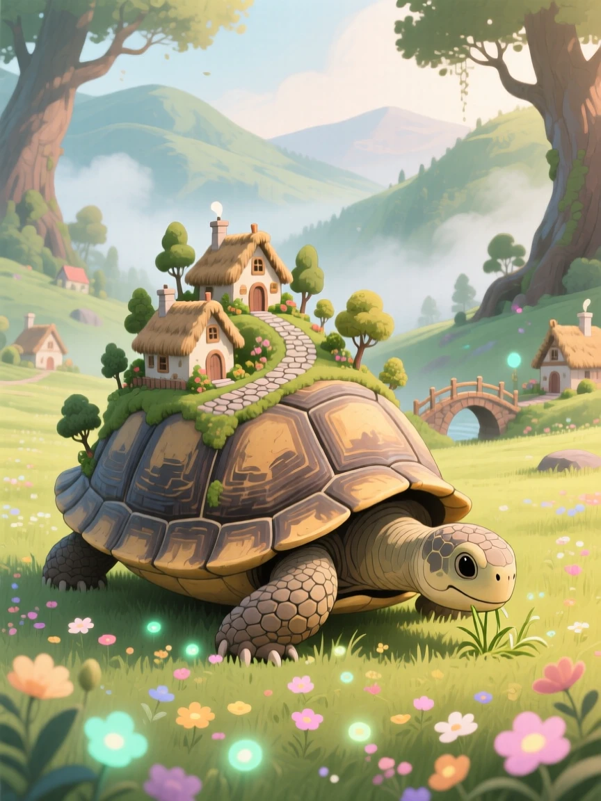 A gentle giant tortoise carrying a village on its back grazing peacefully in a meadow of glowing flowers, in a hidden valley untouched by time, filled with a sense of peaceful mysticism.