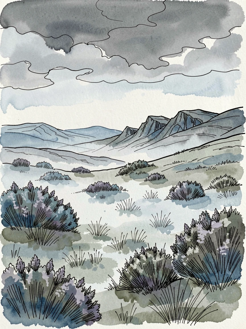 A misty highland moor stretching beneath a brooding grey sky, the scene bathed in the soft blue light of early dawn.