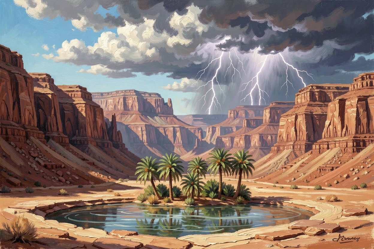 A desert canyon carved by ancient rivers, lightning flickering over distant mesas during a rare desert storm, beside a small desert oasis with palm trees, beneath a clear midday sky, heat shimmering above the sand.